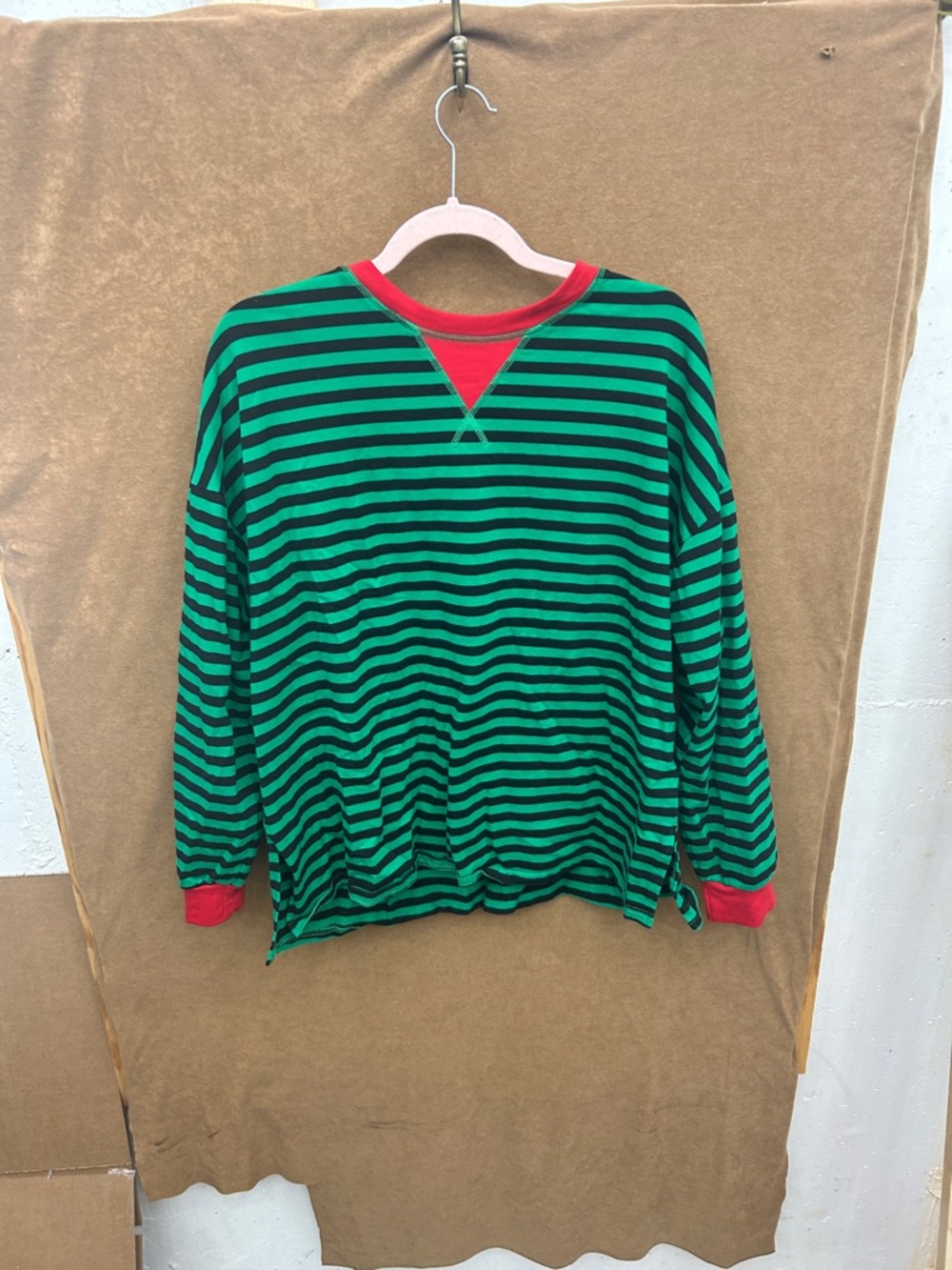 Green and Black Striped Men's Sweater with Red Trim